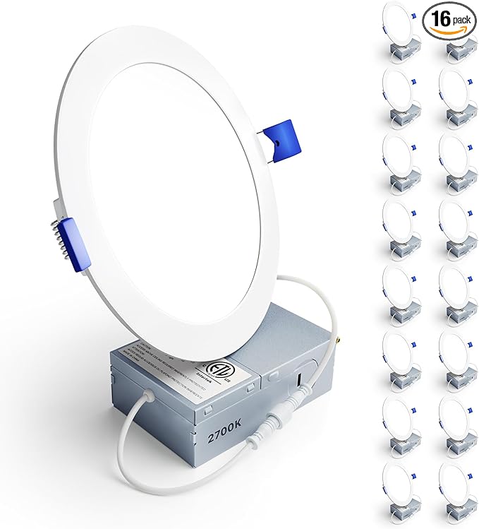 Ensenior 16 Pack 6 Inch LED Recessed Ceiling Light, Dimmable, 2700K Soft White, 1050LM 12W 120V, High Brightness Canless Wafer Downlight - ETL&FCC&IC