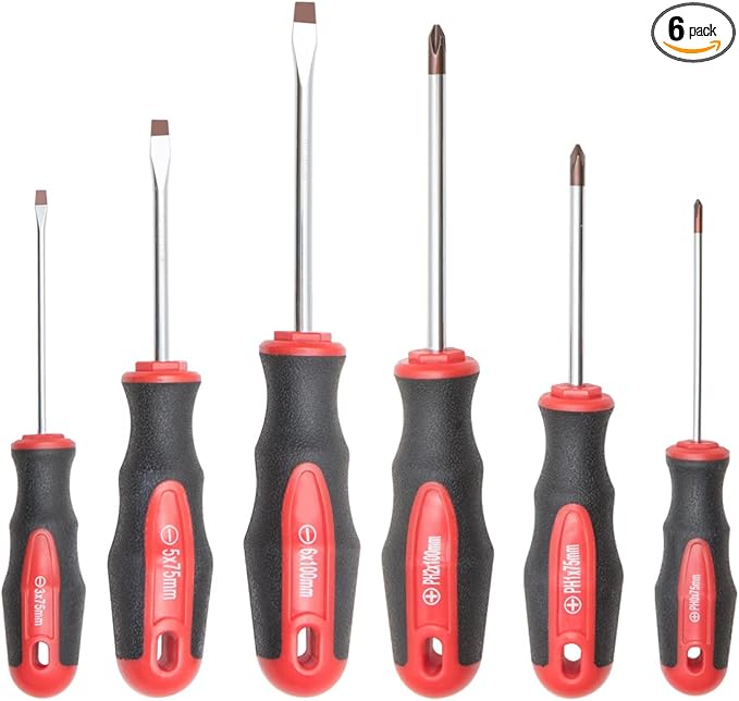 ROTATION 6PCS Magnetic Tip Screwdriver Set, 3 Phillips and 3 Flat, Red Tip | Red, Gloss, S2 Steel)