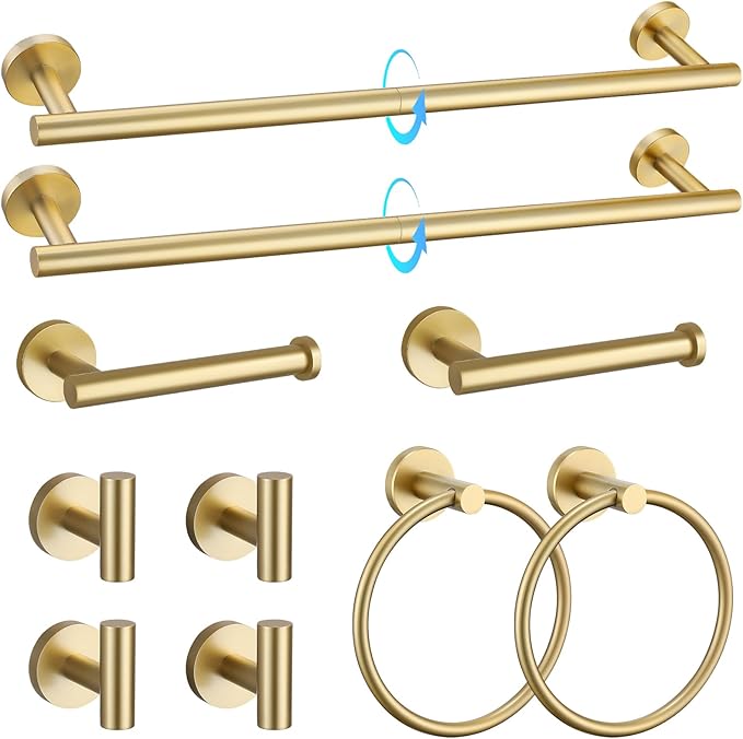 TQKAG Brushed Gold Bathroom Hardware Accessories Set 10-Pieces, Premium SUS304 Stainless Steel Bathroom Towel Bar Holder Set 23.6 Inch Round Towel Racks for Bathroom Wall Mounted