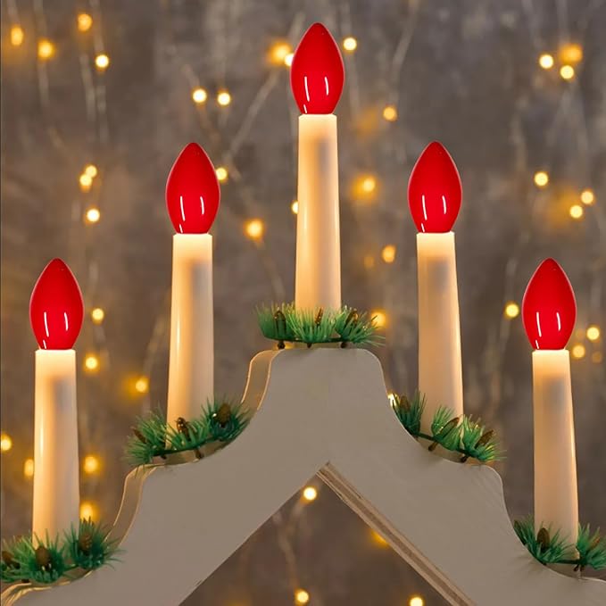 25 Pack C7 Red Ceramic Incandescent Replacement Bulbs, 5W Warm White 2200K, E12 Candelabra Base, Waterproof C7 Night Light Bulbs for Vintage Christmas Lights Outdoor Indoor Home Party Decorations