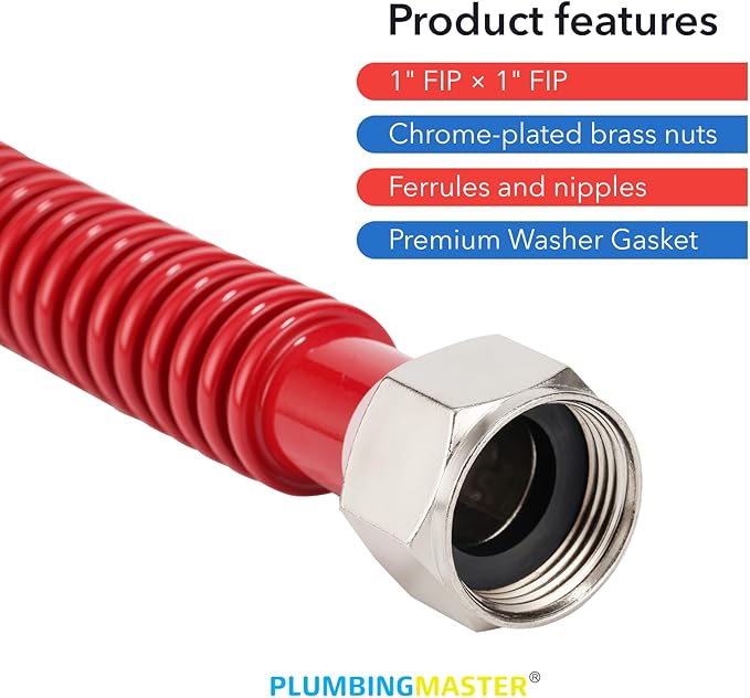 Stainless Steel Corrugated Water Heater Connector, 24-Inch, 1" FIP* 1" FIP red and blue color Corrugated Water flexible hose, Leak-Proof, 10-Year Warranty, 2-pack