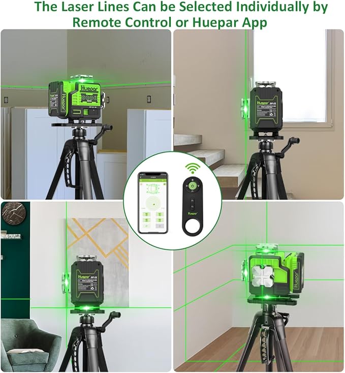 Outdoor Laser Level 360 Self leveling with Laser Level Receiver, 4x360 Green Cross Line Laser with Bluetooth, Huepar P04CG＆LR-8RG, Laser Class: Class II (IEC/EN60825-1/2014), 1mW power output
