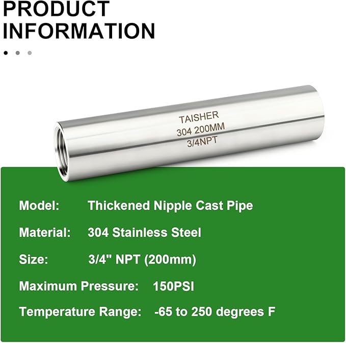 TAISHER 2PCS Stainless Steel Pipe Fittings, 3/4" NPT Female x 3/4" NPT Female Threaded, 8" Length Thickened Nipple Cast Pipe