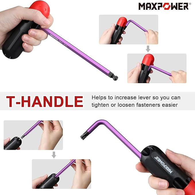 MAXPOWER Allen Wrenches Sets, 27-Piece Allen Key Wrench Set Includes SAE (1/6-3/8"), Metric (1.5-10mm), Torx (T10-T50), Extra Long Arm Ball & Torx End Hex Key Set with T-Handle