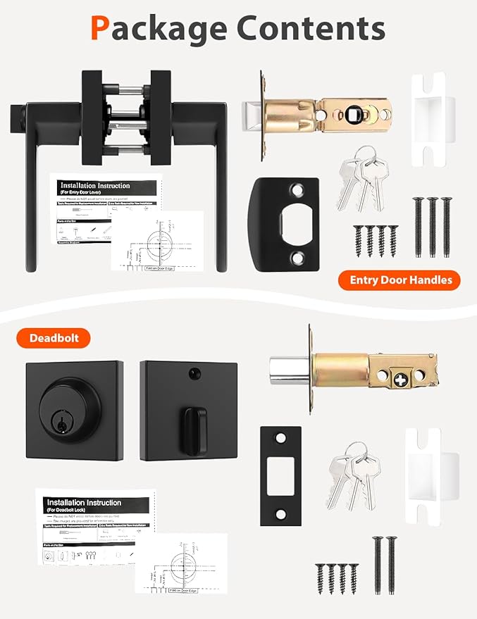 6 Pack Square Keyed Alike Front/Exterior Door Levers with Single Cylinder Deadbolt, Flat Black Entry Door Knob Lock Sets with Deadbolt Combination Sets, for Entrance/Front and Office Doors