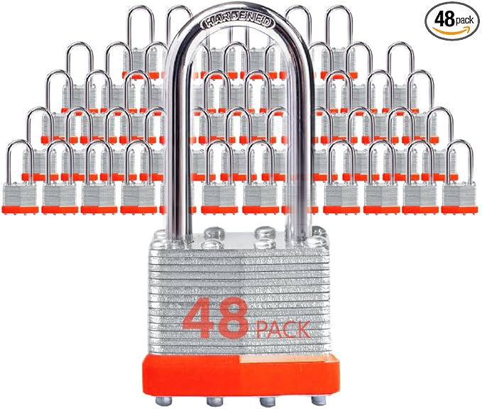 Lock Outdoor Padlocks, Key Lock, Padlocks with Same Key - Laminated Steel Keyed Padlocks with Long Shackle, 48 Pack, for Hasp Latch, Sheds, Fences, Storage Locker, School, Gym
