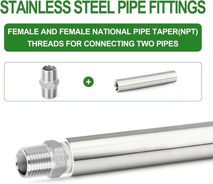 TAISHER 2PCS Stainless Steel Pipe Fittings, 1/2" NPT Female x 1/2" NPT Female Threaded, 8" Length Thickened Nipple Cast Pipe