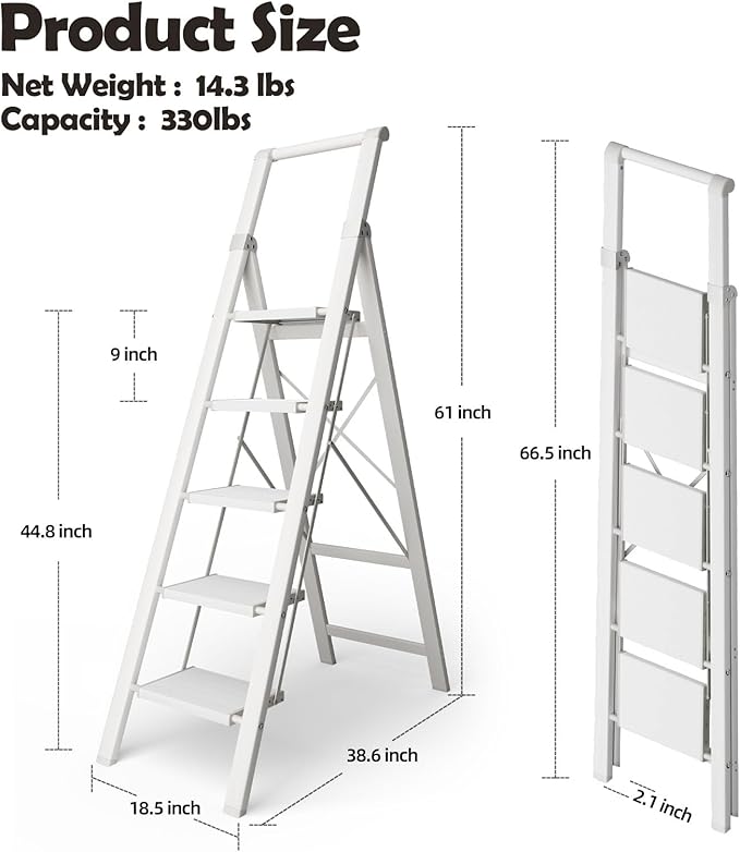 Taranta 5 Step Ladder, Portable Folding Ladder with Wide Pedal, Lightweight Aluminum Step Stool with Convenient Handgrip, 330 lbs Capacity Stepladder for Home, Office - White