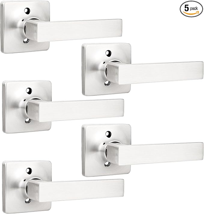 GOBEKOR 5 Pack Half Dummy Door Handle Satin Nickel Square Door Levers Dummy Lever Door Handle for Closet French Doors