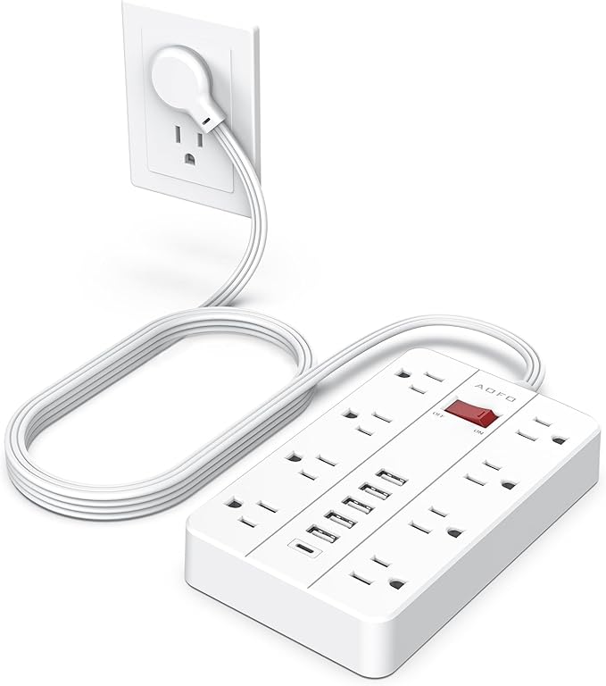 Power Strip Surge Protector with 6 USB (1USB C) Ports,AOFO 5 ft Extension Cord Flat Plug with 8 Widely Spaced Outlets,Wall Mountable Charging Station for Phone Tablet Laptop Computer Multiple Devices