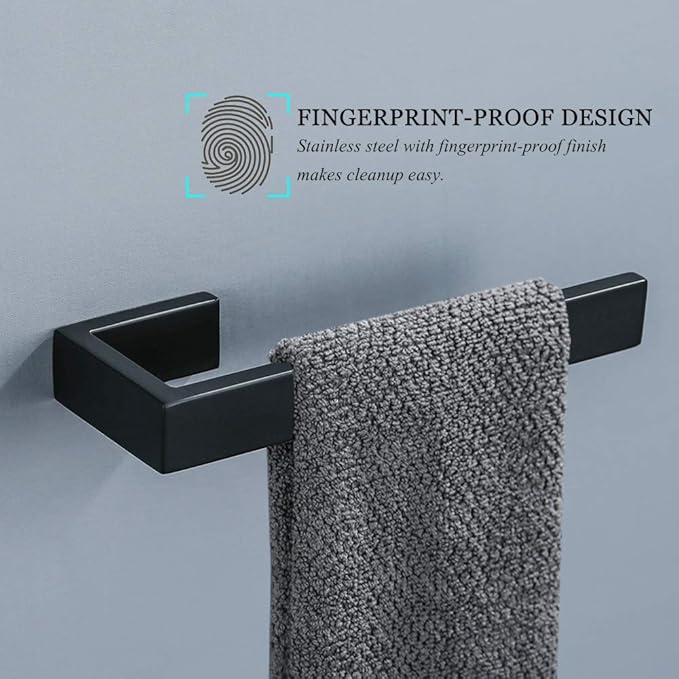 TNOMS 4 Pieces Bathroom Hardware Accessories Set Black Towel Bar Towel Holder Robe Hook Toilet Paper Holder Stainless Steel,Q8-P4BK