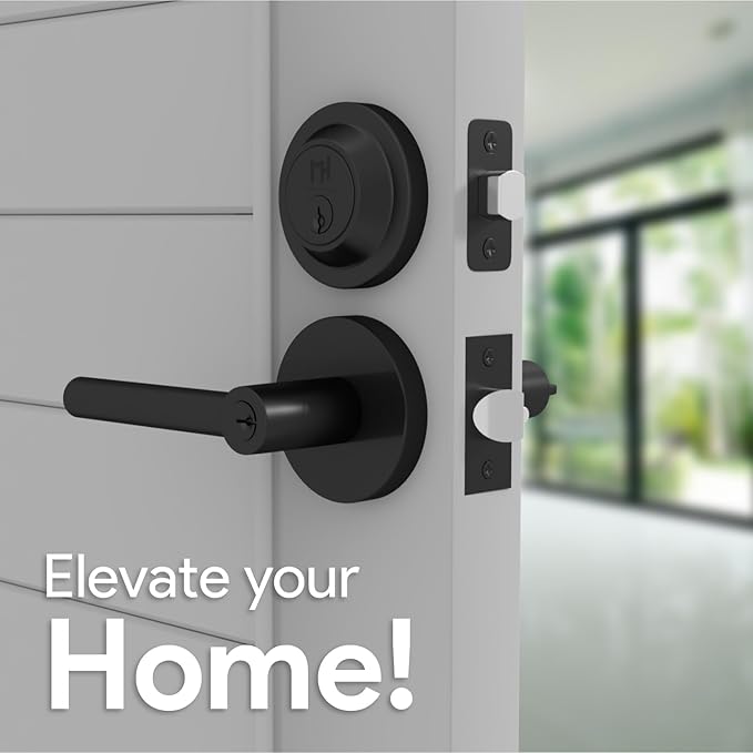 Mega Handles Ronn Entrance Combo, Entry Lever Door Handle and Single Cylinder Deadbolt Lock and Key, Heavy Duty Door Levers Set for Left or Right-Handed Doors - Matte Black (2 Pack) Keyed Alike