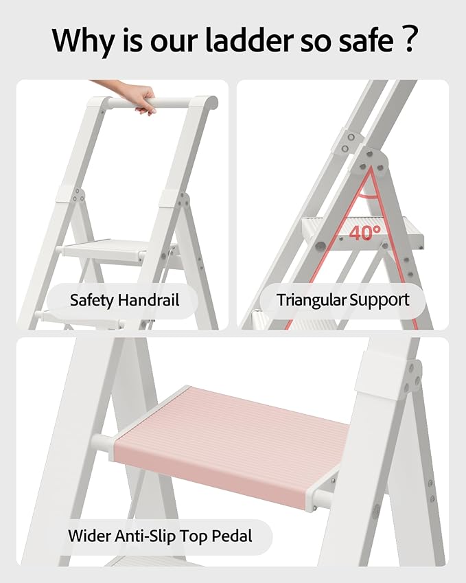 6 Step Ladder, Aluminum Folding Step Stoowith Convenient Handgrip,Lightweight 330lbs CapacityStep Ladder for Household, Ofice, Kitchen(White)