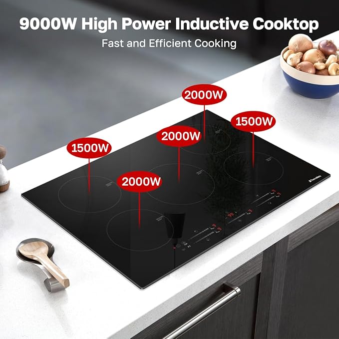 ThermoMate 30 Inch Induction Cooktop, 9000W Built in Induction Stove Top, Electric Cooktop with 5 Boost Burner, 9 Heating Level, Timer & Child Safety Lock, Sensor Touch Control, 240V