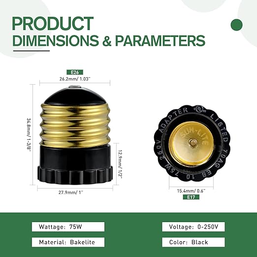 E26 to E17 Light Socket Adapter, Medium Screw E26 to Intermediate E17 Bulb Socket Adapter Converter, UL Listed (Black, 8)