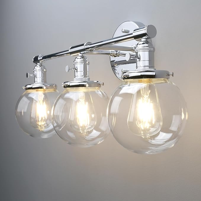 Phansthy 3-Light Wall Sconces Antique Brass Vanity Light, Industrial Wall Lamps with On Off Switch and Clear Glass Lampshade, Vintage Wall Lighting for Bathroom Living Room (Chrome, Globe Shade)