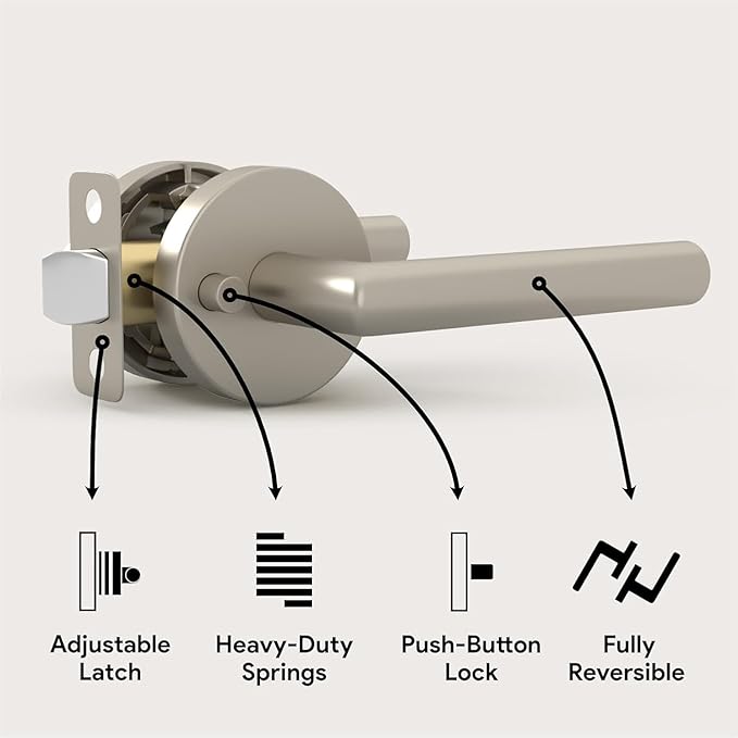 Mega Handles Ronn Privacy Door Handle - 2 Pack Reversible Brushed Nickel Door Handles, Heavy Duty Bed & Bath Door Handles with Privacy Door Lock, Fits All Standard Doors - Satin Nickel