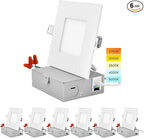 LUXRITE 4 Inch Ultra Thin Square LED Recessed Lighting, 5 Color Temperature Options 2700K - 5000K, Dimmable LED Downlight, 10W, IC Rated, Wet Rated, Canless LED Recessed Light, ETL Listed (6 Pack)