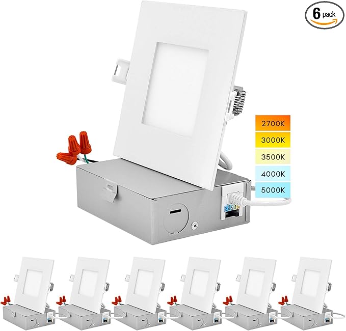 LUXRITE 4 Inch Ultra Thin Square LED Recessed Lighting, 5 Color Temperature Options 2700K - 5000K, Dimmable LED Downlight, 10W, IC Rated, Wet Rated, Canless LED Recessed Light, ETL Listed (6 Pack)
