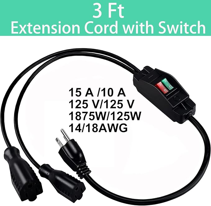 2 Way Extension Cord with On/Off Switch 3 Prong Outdoor Extension Cord Splitter, Heavy Duty Extension Cord with SJTW 14AWG 15A/125V and 18AWG 10A/125V(3 Ft, Black)