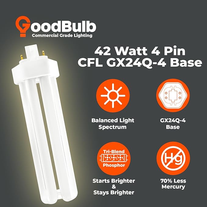 GoodBulb 42 Watt CFL Light Bulbs 4 Pin GX24Q-4 Base 3000K Warm White 42W High Output 3200 Lumens Triple Tube Compact Fluorescent Light Bulbs Plug-in 10 Pack