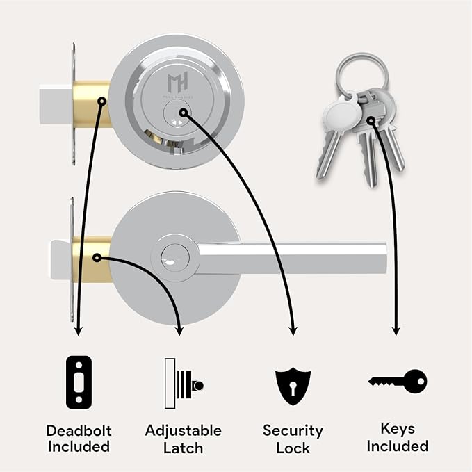 Mega Handles Ronn Entrance Combo, Entry Lever Door Handle and Single Cylinder Deadbolt Lock and Key Pack, Heavy Duty Round Locking Door Levers Set for Left or Right-Handed Doors - Polished Chrome