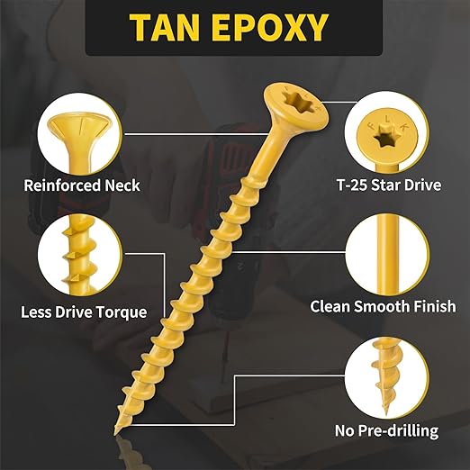 Wood Screws 2-1/2 Inch, FIXLINK Deck Screws #10 x 2-1/2", 105 PCS, Epoxy Coated, T25 Star Bit Above 1500 Hour Salt Spray Coating Outdoor Decking Screws Excellent Rust Resistant for Outdoor Wood Fence