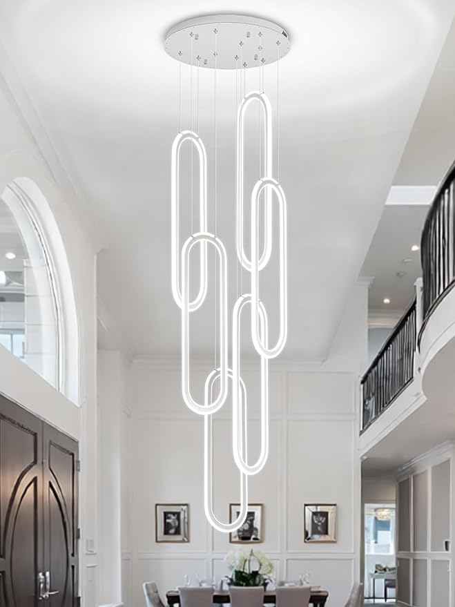 Flashing God H118 Modern Chandelier 6-Rings Contemporary Chandelier for High Ceiling Led Dimmable Large Pendant Lighting Chrome Ring Chandeliers for Villa Foyer Entrance Living Room