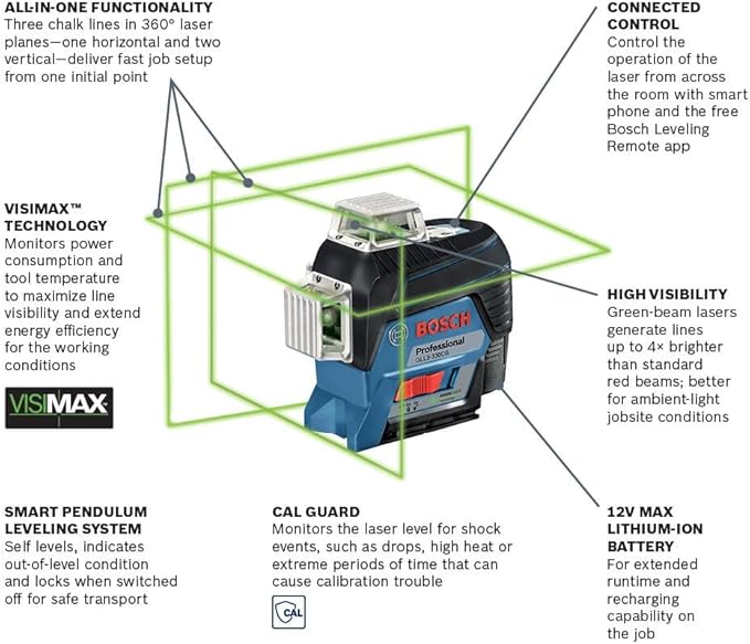 BOSCH GLL3-330CG 200 Ft 12V Max Connected 360 Degree Green-Beam Laser, Includes 2.0 Ah 12V Max Lithium-Ion Battery & Charger, AA1 Alkaline Battery Adapter, Hard Carrying Case, & Accessories