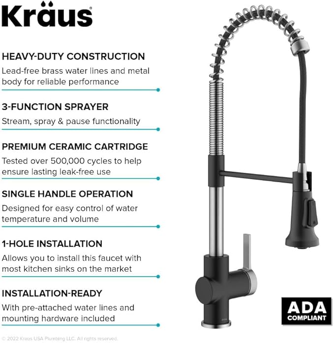KRAUS Britt Commercial Style Single Handle Pull Down Kitchen Faucet in Spot-Free Stainless Steel/Matte Black, KPF-1691SFSMB