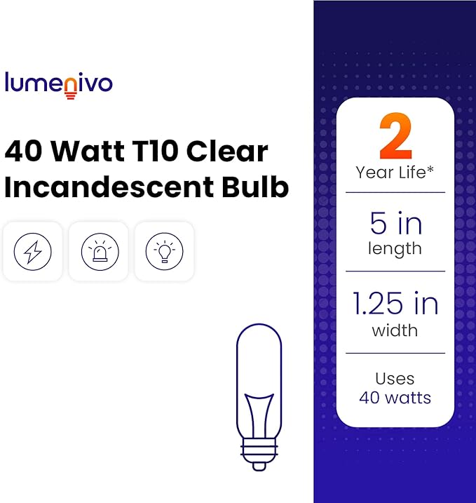 lumenivo Piano Light Bulb 40 watt 120 Volts 一 40T10/CL Light Bulb Display Replacement 一 T10 Bulb Medium Base (E26) 一 280 Lumen Clear Incandescent Bulb for Illuminated Display Units 一 6 Pack