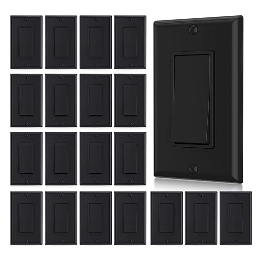 AIDA Single Pole Rocker Decorator Light Switch, 15 Amp Self-grounding Electrical Light Switches, Wall Plate Included, Residential Grade, UL Listed (20 Pack, Glossy Black)
