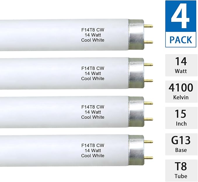 Valoisa 4Pack F14T8/CW 14W 15 Inch T8 4100K Linear Fluorescent Light Bulb,14 Watts, G13 Medium Base,T8 Tube,14 3/4" MOL,1" Dia,4100K Cool White
