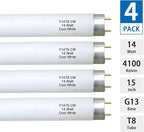 Valoisa 4Pack F14T8/CW 14W 15 Inch T8 4100K Linear Fluorescent Light Bulb,14 Watts, G13 Medium Base,T8 Tube,14 3/4" MOL,1" Dia,4100K Cool White