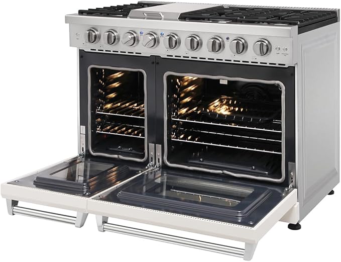 48-inch Pro-Style Natural Gas Range or Liquid Propane Gas Range with 6 Burners & 1 Griddle Cooktop, Double 4.6 cu. ft. and 2.2 cu. ft. Oven, in Stainless Steel - KOS-48RG03M (White-01)