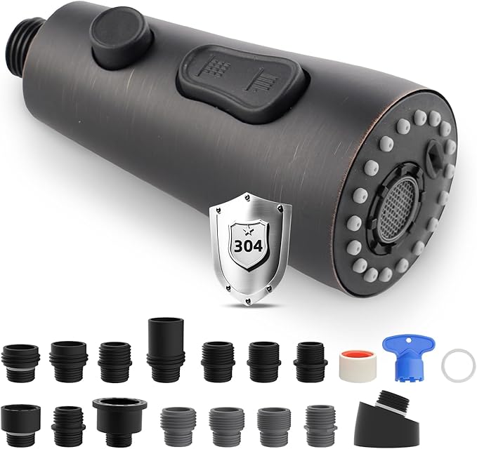 iFealClear Unversal Metal Kitchen Faucet Head Replacement, 3 Modes Pull Down Kitchen Sink Sprayer Head, Compatible with Moen, Delta, American Standard Faucets, 15 Adapters, Oli Rubberd Bronze