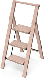 Taranta 3 Step Ladder, Lightweight Aluminum Step Stool with Convenient Handgrip, Folding Ladder with Anti-Slip Pedals, 330lbs Capacity Stepladder for Home, Office, Kitchen - Peach Pink
