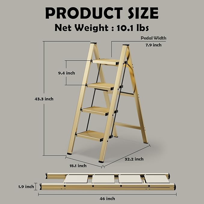 HillhutApex 4 Step Stool, Aluminum Foldable Step Ladder, Lightweight Stable Stool with Wide Non-Slip Pedals, 330lbs Bearing Capacity Ladder for Office,Home,Kitchen - Gold