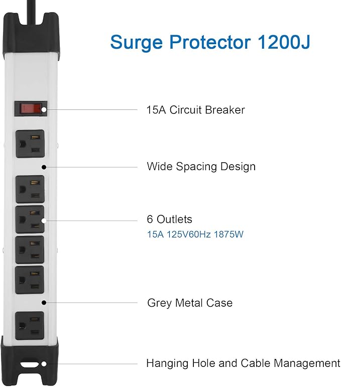 Heavy Duty Surge Protector Power Strip - 6 Outlet Industrial With 15A, Shop Workshop Garden Metal, 6FT Cord, 1200 Joules, ETL Listed (15FT, Grey)