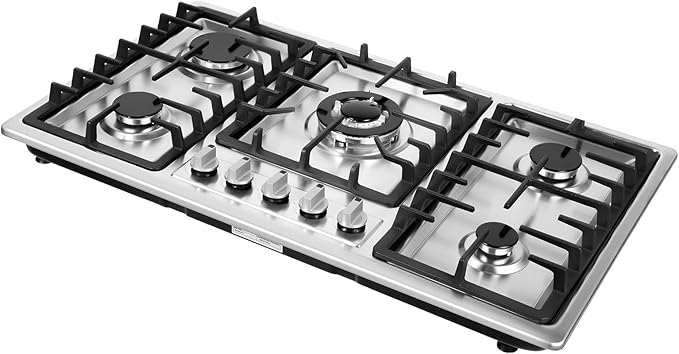 5 Burners Built in Gas Stovetop Cooker Gas Range Portable Stainless Steel Cooktop LPG/NG Dual Fuel Cast Iron Grate Gas Stove Kitchen Cooking Stove for Home RV Outdoor Apartment Silver(33.85x19.68Inch)