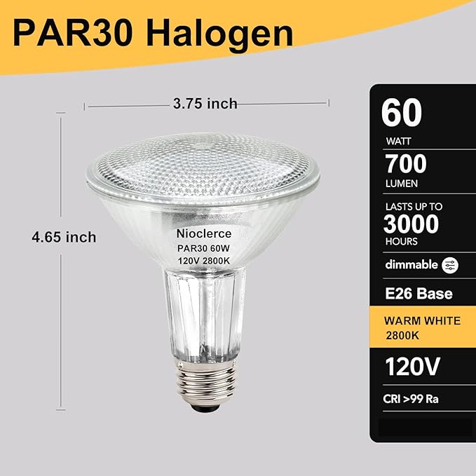 Halogen PAR30 Long Neck 60W 120V 700LM, 6 Pack High Output Halogen PAR30 Dimmable 2800K Warm White with E26 Base, Long Lifespan Long Neck Flood Light Bulb with CRI100 for Recessed Lighting