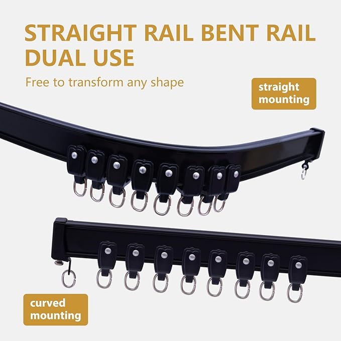 Bendable Ceiling Curtain Track Ceilings Mount or Wall Mounted Heavy-Duty Room Divider Curtains Rails for Living room Bedroom Shower Privacy RV Garage Dividers with Clips，Black 9-12 FT