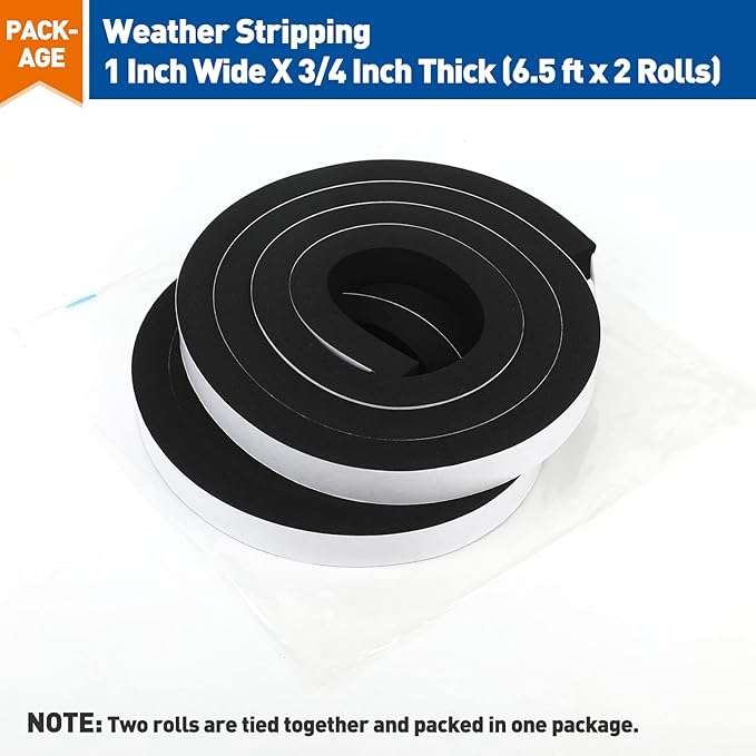 MAGZO Weather Stripping Door Seal, 1 Inch Wide X 3/4 Inch Thick Adhesive Foam Tape Soundproof Weatherstripping for Windows, 2 Rolls Total 13FT Black