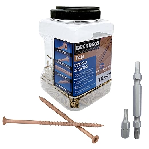 Wood Screws #10 x 4 275pcs(Approx), Tan Ruspert Coating Exterior Deck Screws, Torx/Star Drive Flat Head,Twist Shank, Cut Tip/Thread, Bit Included, 5.5 lb/Box