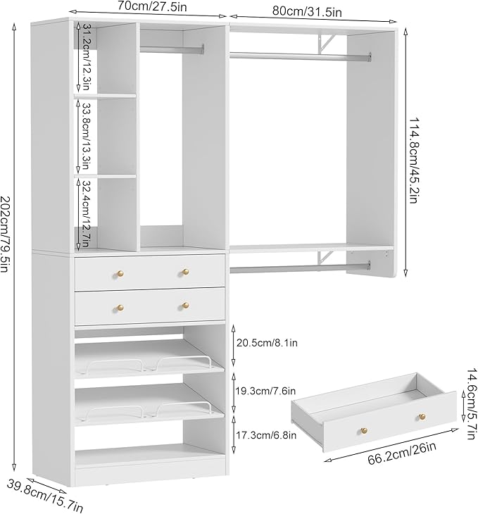 5FT Closet System with Drawers, 96 Inches Walk In Closet Organizer System with Shoe Rack, 3 Hanging Rods, Wall Mount Bedroom Wardrobe Clothes Garment Rack