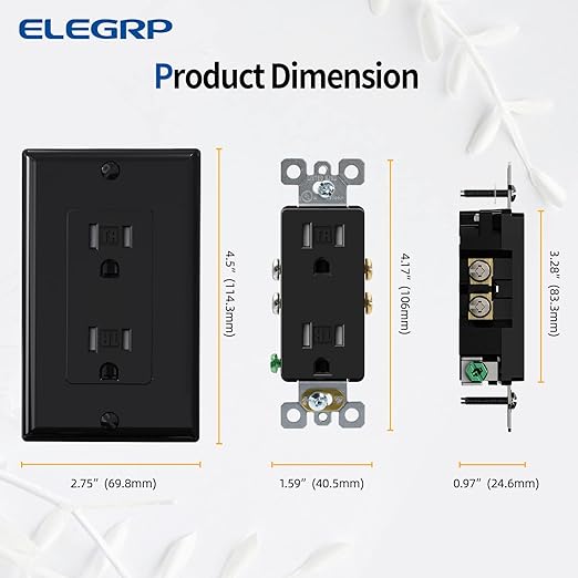 ELEGRP Decorator Wall Receptacle Outlet, Tamper Resistant 15 Amp Standard Electrical Wall Outlet, Residential Grade, Self-grounding, 125V, Wall Plate Included, UL Listed, Glossy Black, 20 Pack