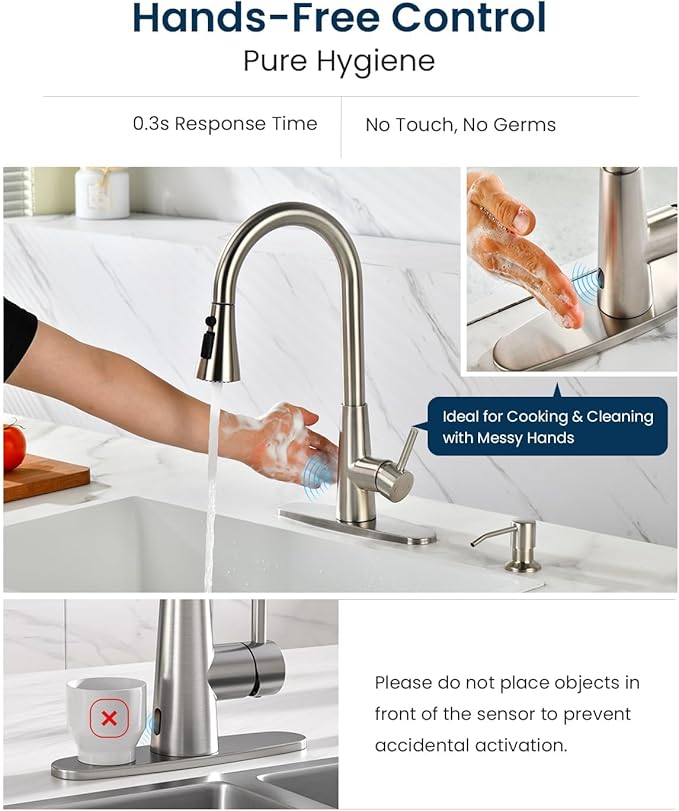 APPASO Touchless Kitchen Faucet with Soap Dispenser Brushed Nickel, Side Motion Sensor Kitchen Faucet, Single Hanle 3-Mode Hands-Free Faucet for Kitchen Sink