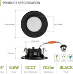 ASD Retrofit LED Recessed Lighting 4 Inch | 9W 700 Lm Wet Rated Dimmable Ceiling Downlights | 2700K-5000K Adjustable CRI90 Black Room Recessed Light Fixtures | LED Can Lights