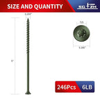 #10 x 5 Deck Screws (246Pcs) 6lb. Exterior Wood Screws. Carbon Steel, Green, Flat Head, Rust Resistant epoxy Coated, with T25 Star Bit