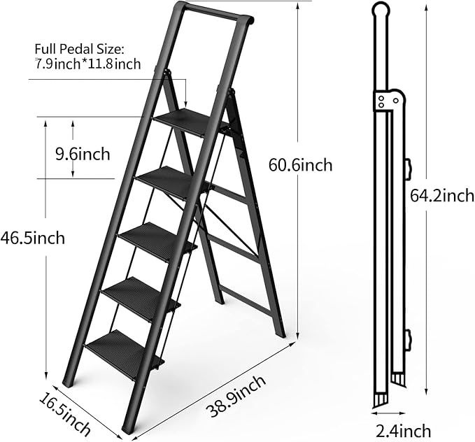5 Step Ladder, Folding Step Stool with Handgrip and Anti-Slip Wide Pedal, Portable Iron Stepladder for Kitchen, Home, Library, Office (300 lbs Capacity) - Black